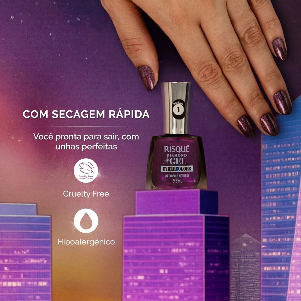 Esmalte Roxo Risqué Diamond Gel Cybercolors Metrópole Noturna Metálico 9,5 mL