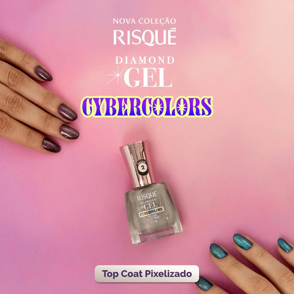 Top Coat Efeito Holográfico Risqué Diamond Gel Cybercolors Pixelizado 9,5 mL