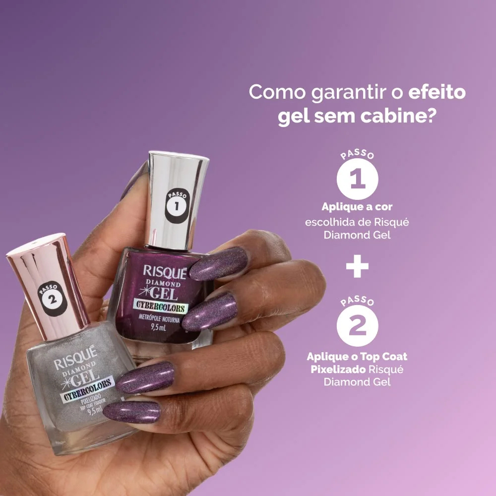 Top Coat Efeito Holográfico Risqué Diamond Gel Cybercolors Pixelizado 9,5 mL