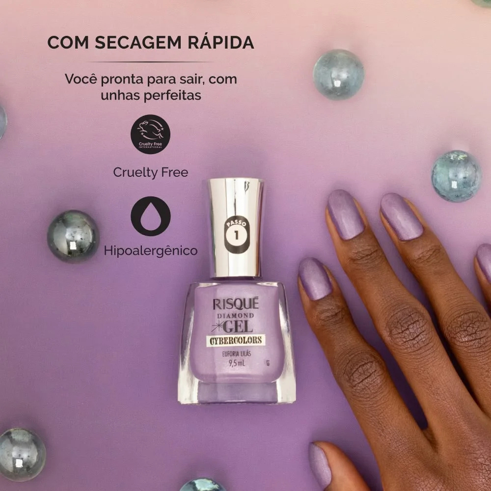Esmalte Lilás Risqué Diamond Gel Cybercolors Euforia Lilás Metálico 9,5 mL