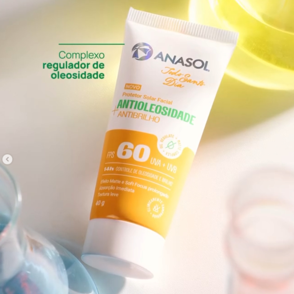Protetor Solar Facial Anasol Todo Santo Dia Antioleosidade Antibrilho FPS 60 40 g