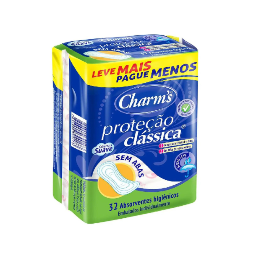 Absorvente Charm’s Proteção Clássica Fluxo Leve sem Abas Leve Mais Pague Menos 32 Unidades