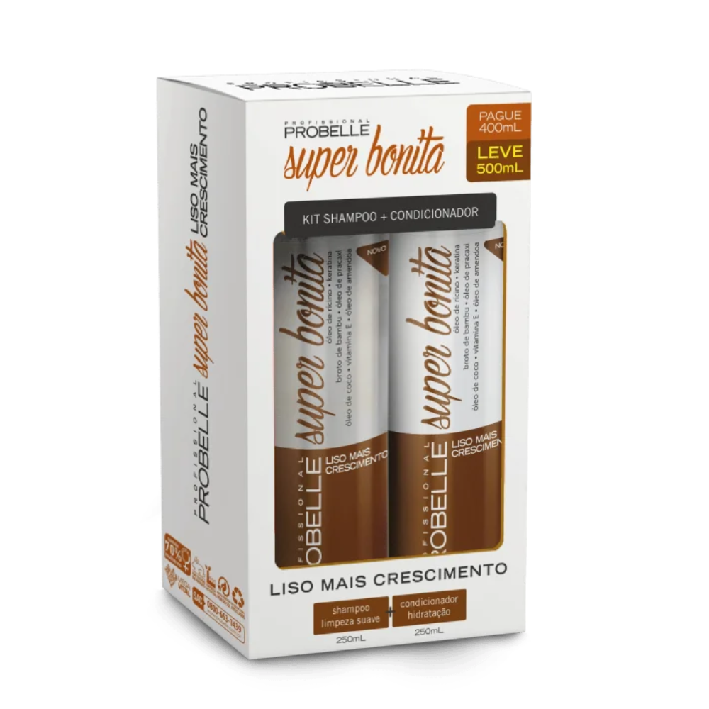 Kit Probelle Super Bonita Shampoo 250ml + Condicionador 250ml Liso Mais Crescimento