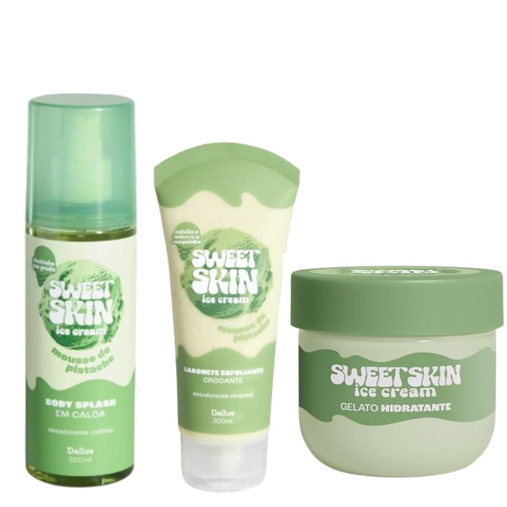 Kit Trio Mousse de Pistache Sweet Skin Ice Cream – Sabonete Esfoliante + Gelato Hidratante + Body Splash