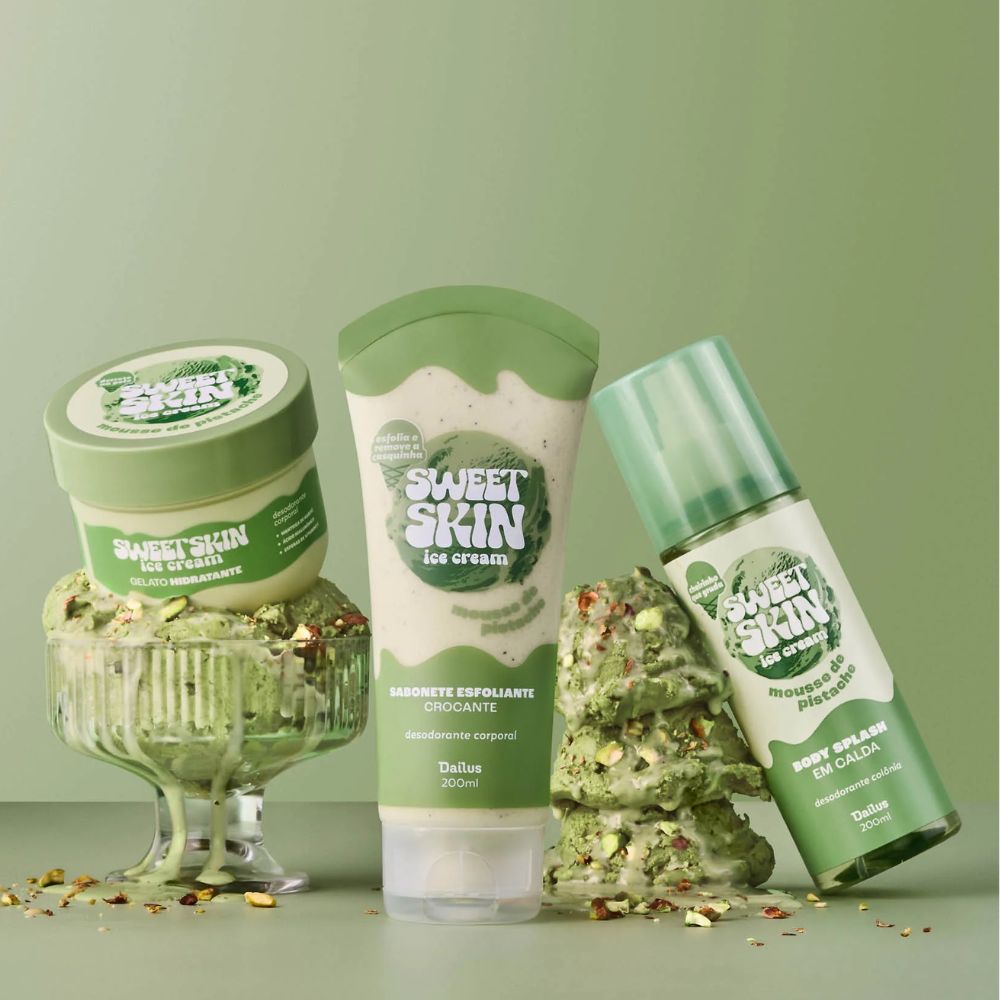 Kit Trio Mousse de Pistache Sweet Skin Ice Cream – Sabonete Esfoliante + Gelato Hidratante + Body Splash