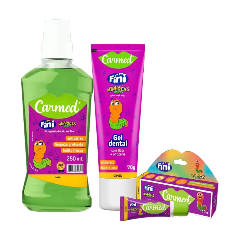 Kit Carmed Fini Minhocas Gel Dental + Enxaguante Bucal + Hidratante Labial