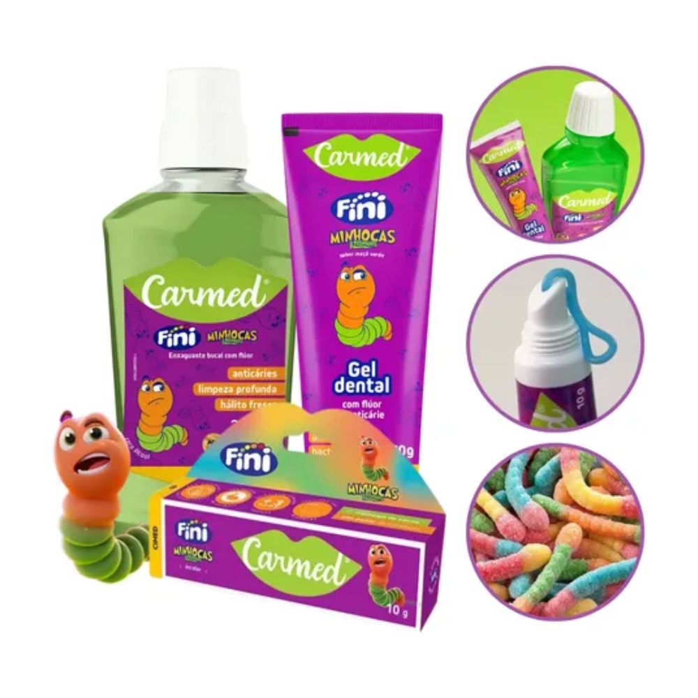 Kit Carmed Fini Minhocas Gel Dental + Enxaguante Bucal + Hidratante Labial