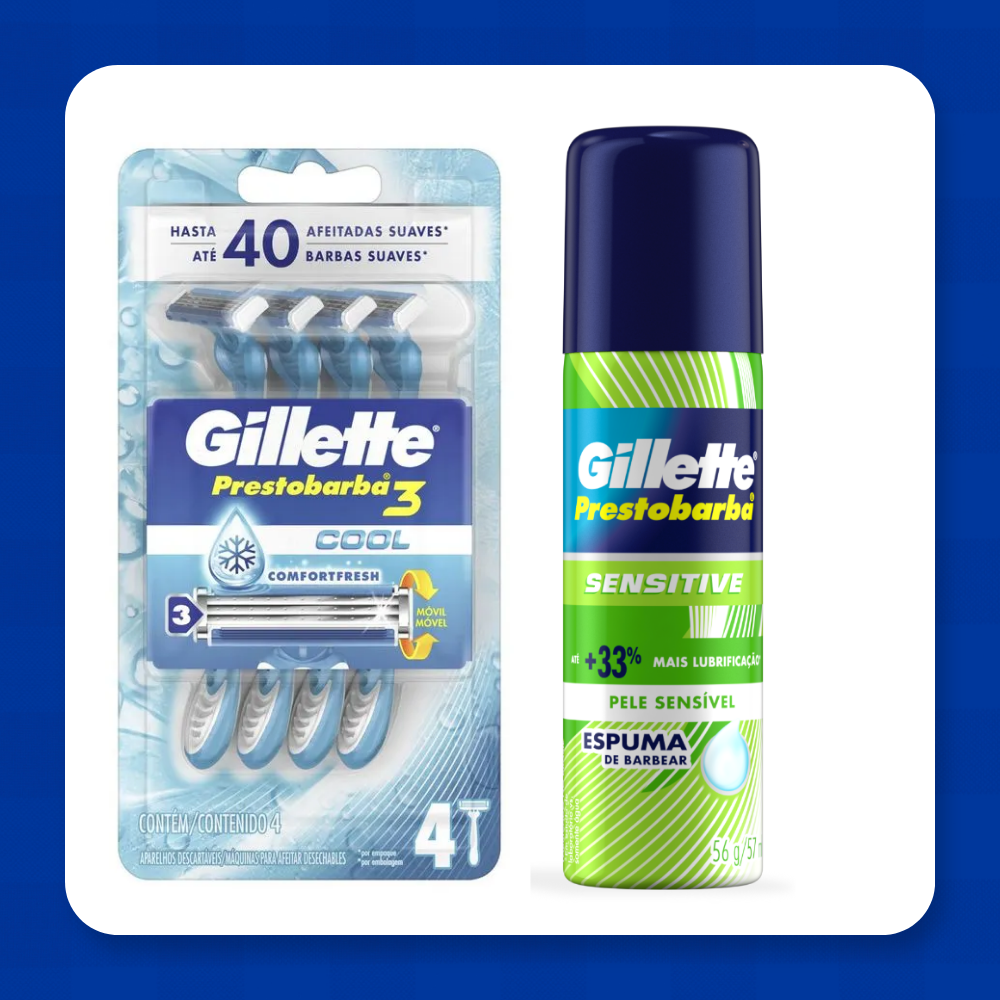 Kit Gillette Prestobarba 3 Cool 4 Aparelhos + Espuma de Barbear Sensitive 56g