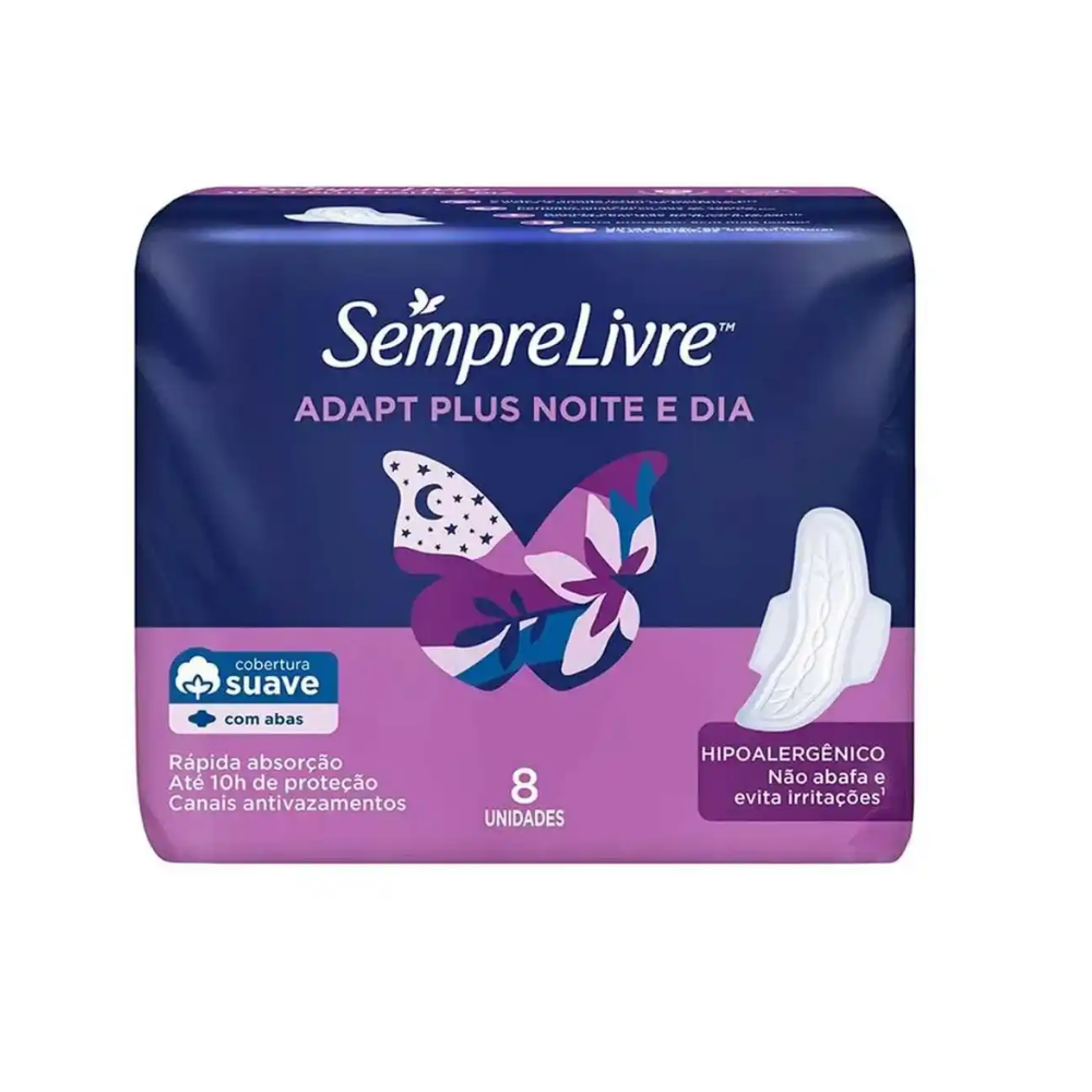 Absorvente Sempre Livre Adapt Plus Noite e Dia Cobertura Suave com Abas 8 Unidades