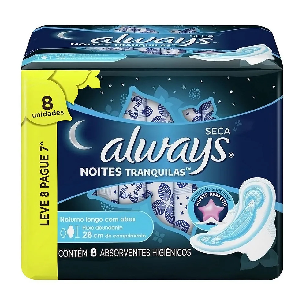 Absorvente Always Noites Tranquilas Cobertura Seca com Abas Leve 8 Pague 7