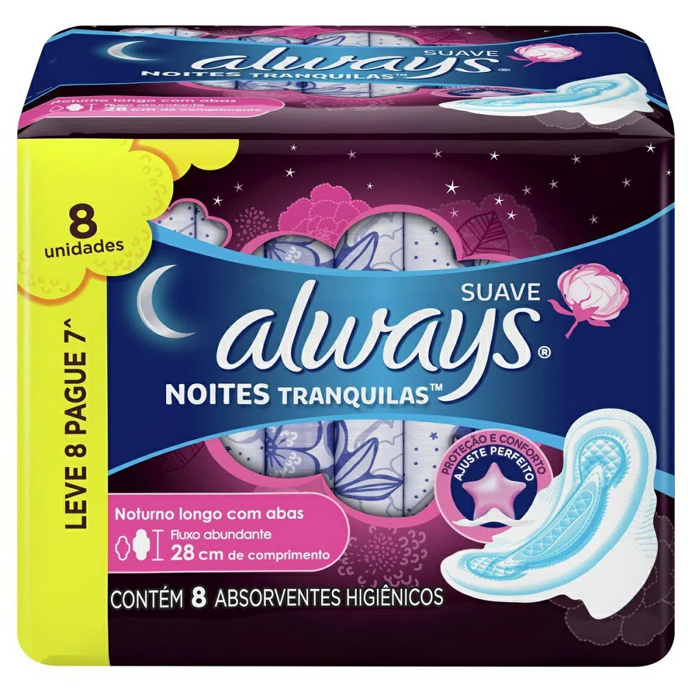 Absorvente Always Noites Tranquilas Cobertura Suave com Abas Leve 8 Pague 7