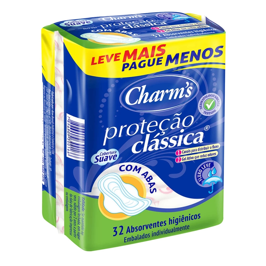 Absorvente Charm’s Proteção Clássica Fluxo Leve com Abas Leve Mais Pague Menos 32 Unidades