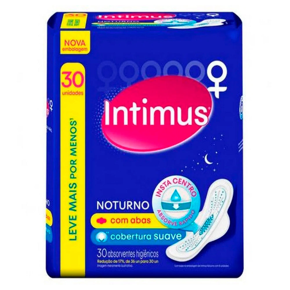 Absorvente Intimus Gel Noturno Cobertura Suave com Abas 30 Unidades Leve Mais por Menos