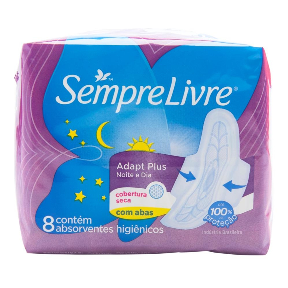 Absorvente Sempre Livre Adapt Plus Noite e Dia Cobertura Seca com Abas 8 Unidades