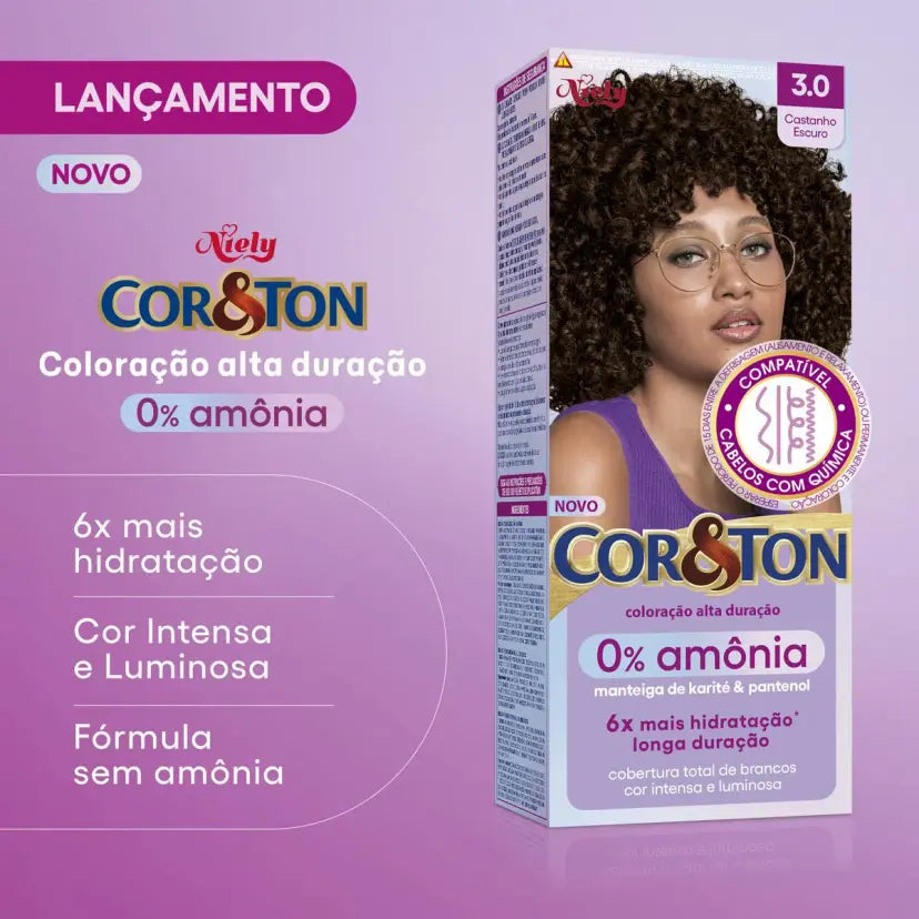 Coloração Niely Cor & Ton Sem Amônia 3.0 Castanho Escuro