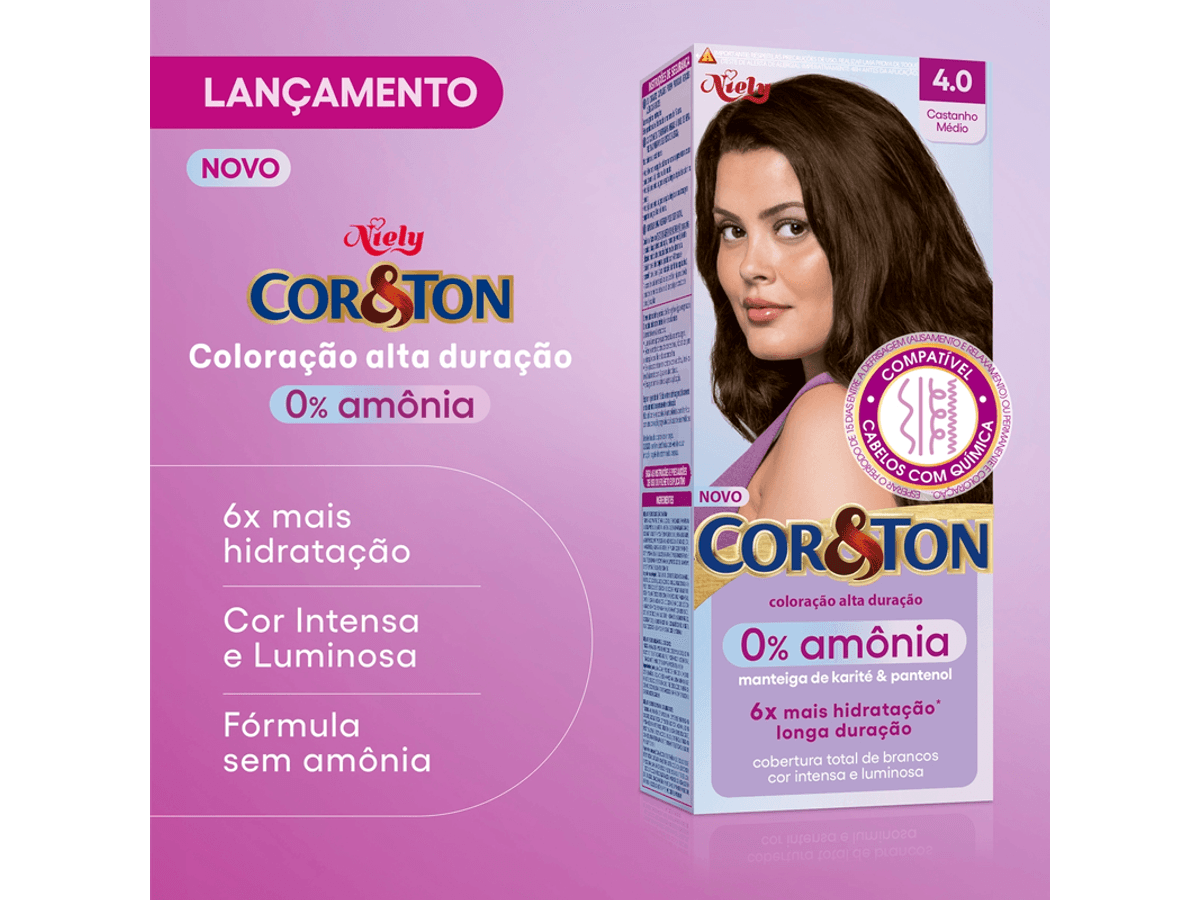 Coloração Niely Cor & Ton Sem Amônia 4.0 Castanho Médio