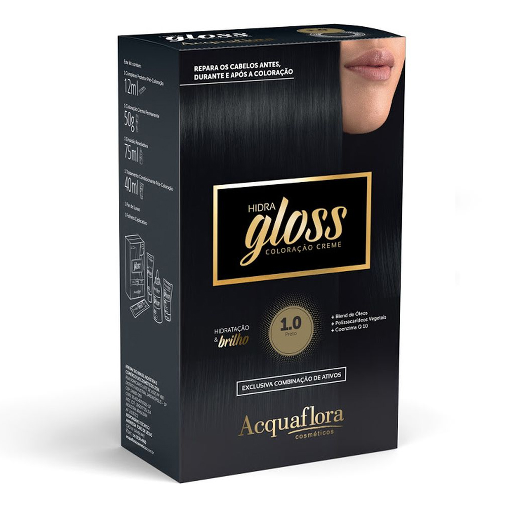 Coloração Permanente Acquaflora Kit Hidra Gloss Preto 1.0