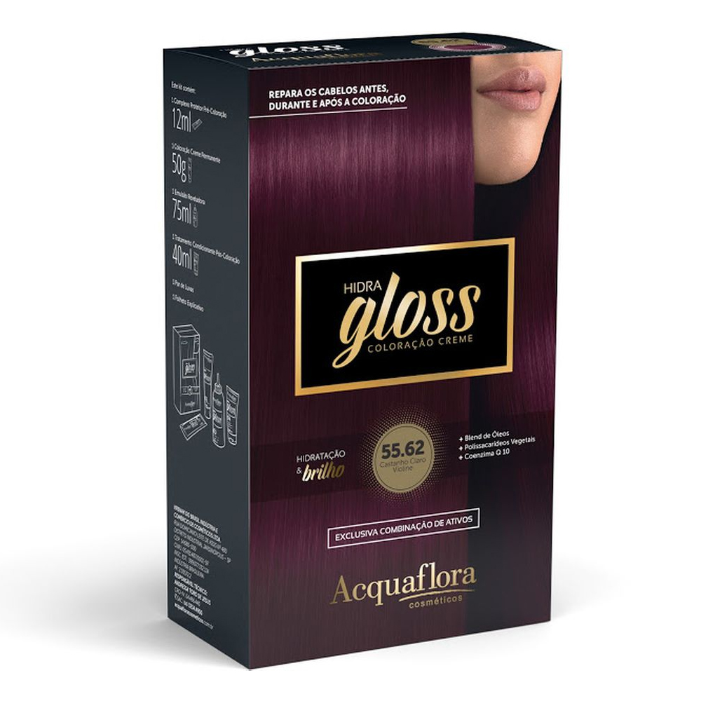 Coloração Permanente Acquaflora Kit Hidra Gloss Castanho Claro Violeta 5.62