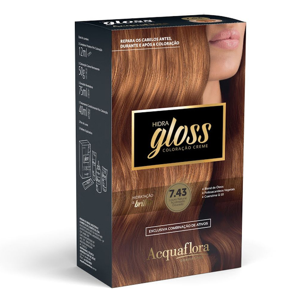 Coloração Permanente Acquaflora Kit Hidra Gloss Louro Natural Acobreado Dourado 7.43