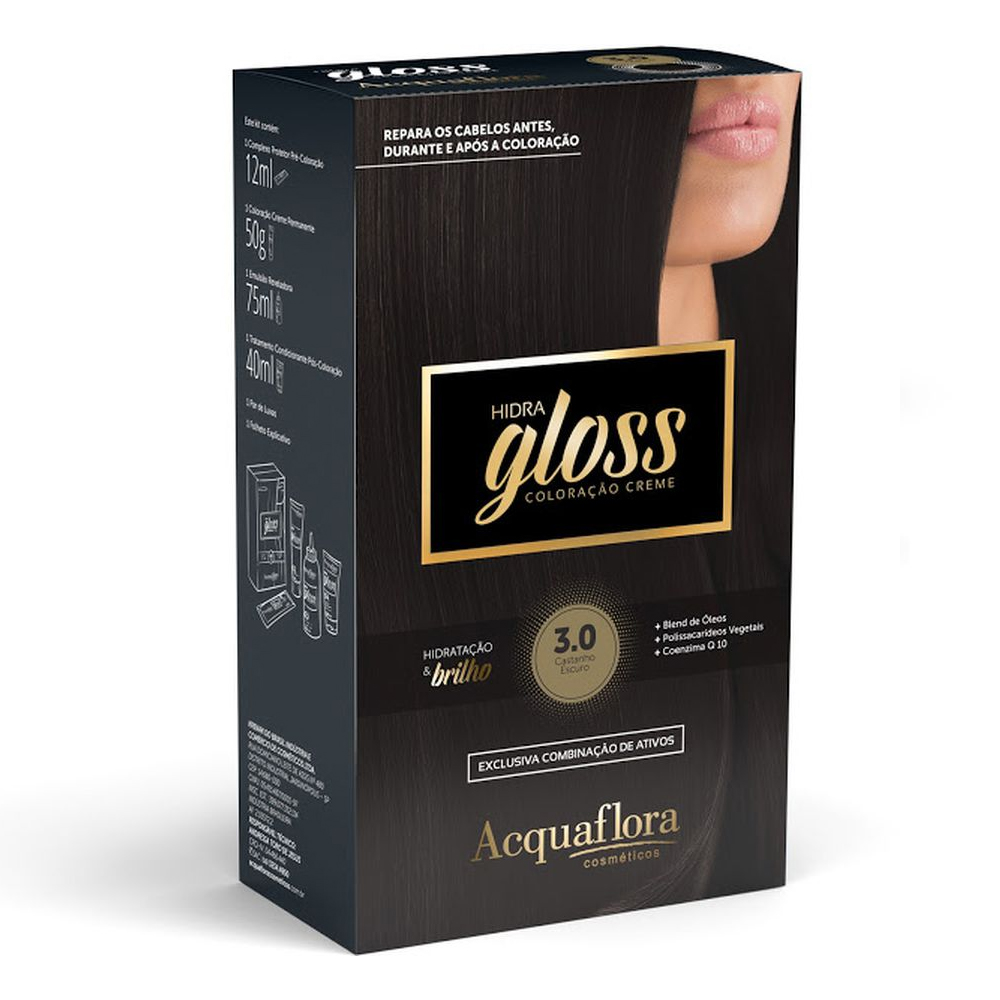 Coloração Permanente Acquaflora Kit Hidra Gloss Castanho Escuro 3.0