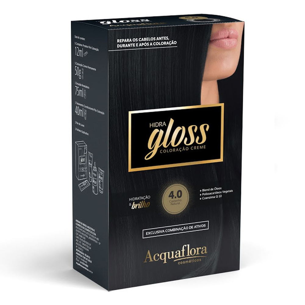 Coloração Permanente Acquaflora Kit Hidra Gloss Castanho Natural 4.0