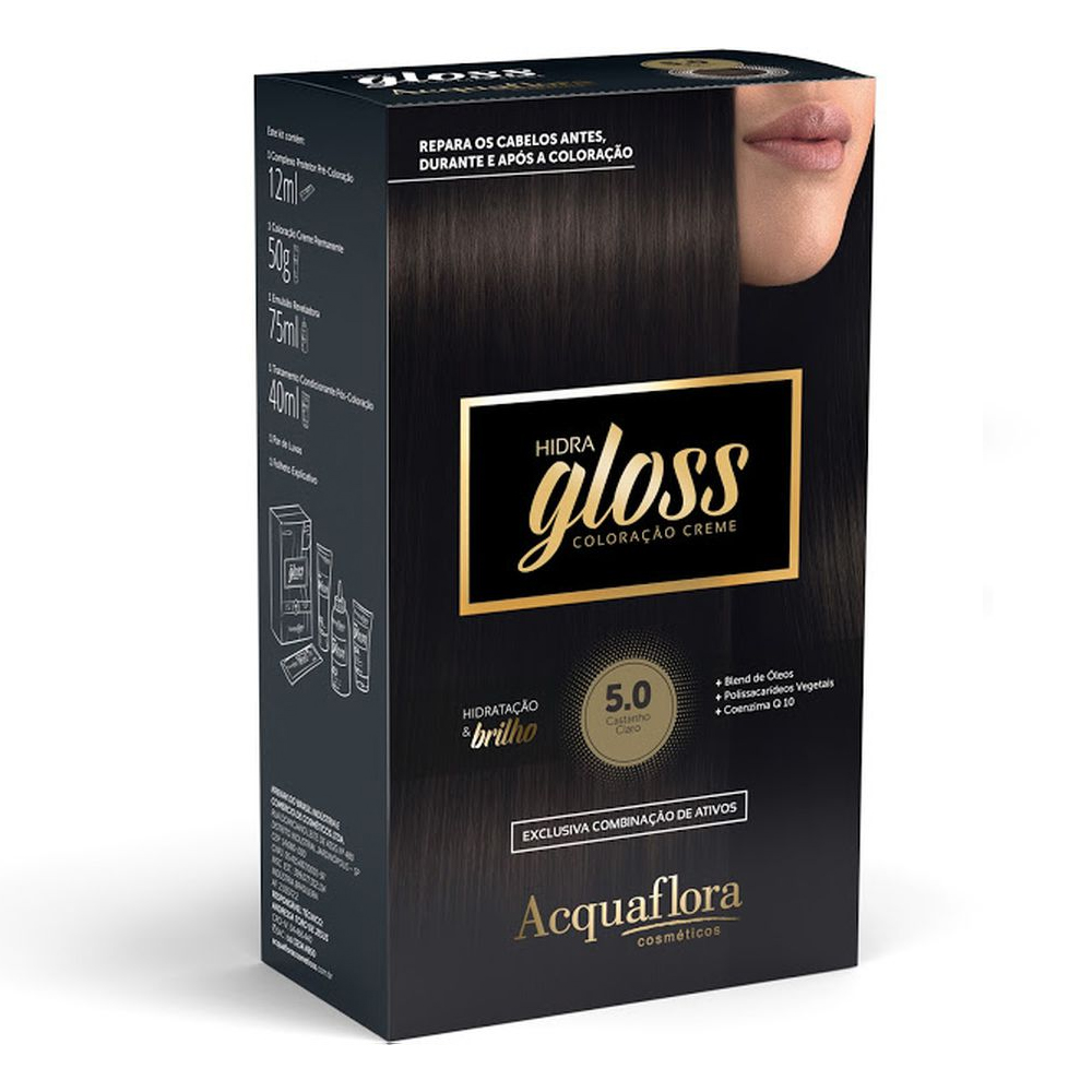 Coloração Permanente Acquaflora Kit Hidra Gloss Castanho Claro 5.0