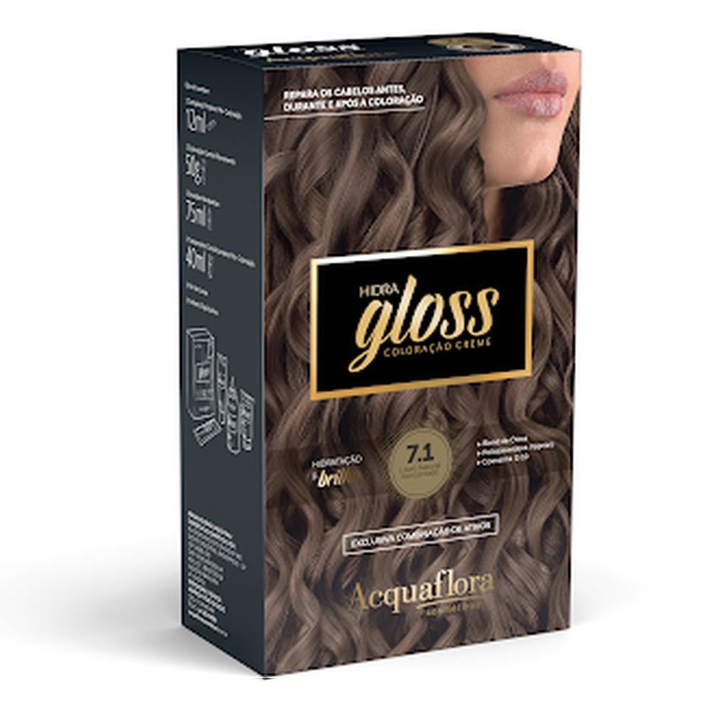 Coloração Permanente Acquaflora Kit Hidra Gloss Louro Natural Acinzentado 7.1