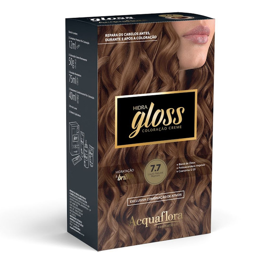 Coloração Permanente Acquaflora Kit Hidra Gloss Louro Natural Marrom 7.7