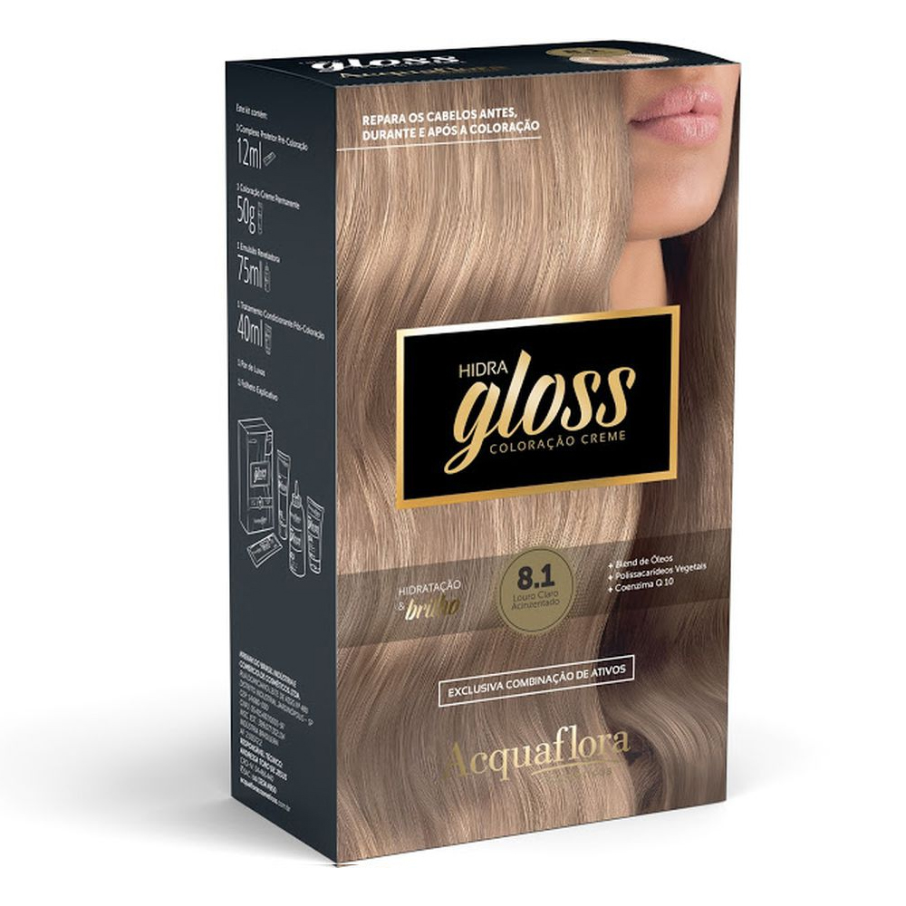 Coloração Permanente Acquaflora Kit Hidra Gloss Louro Claro Acinzentado 8.1