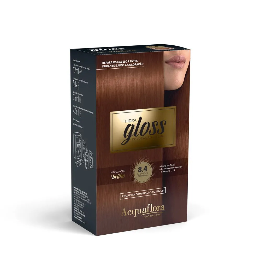 Coloração Permanente Acquaflora Kit Hidra Gloss Louro Claro Acobreado 8.4