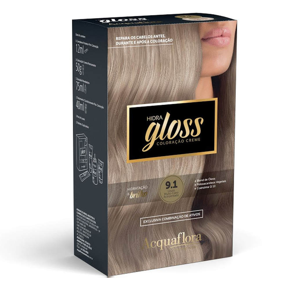 Coloração Permanente Acquaflora Kit Hidra Gloss Louro Muito Claro Acinzentado 9.1