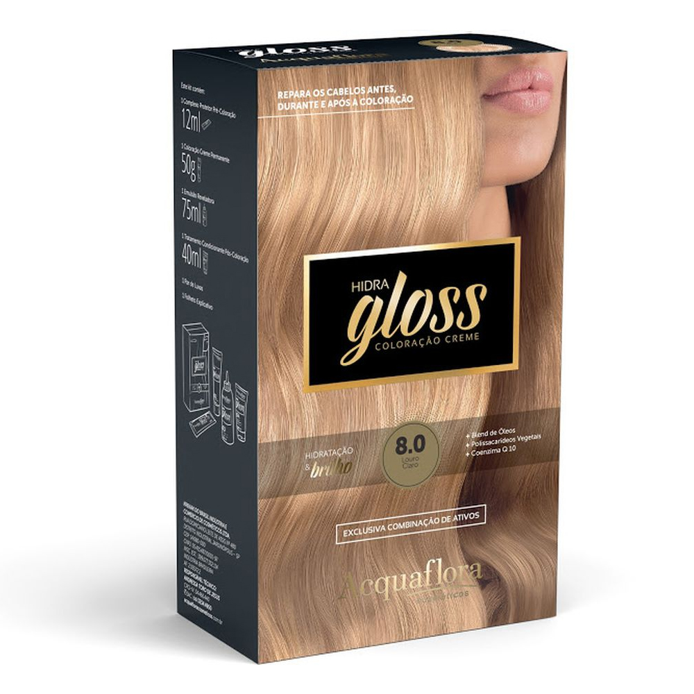 Coloração Permanente Acquaflora Kit Hidra Gloss Louro Claro 8.0
