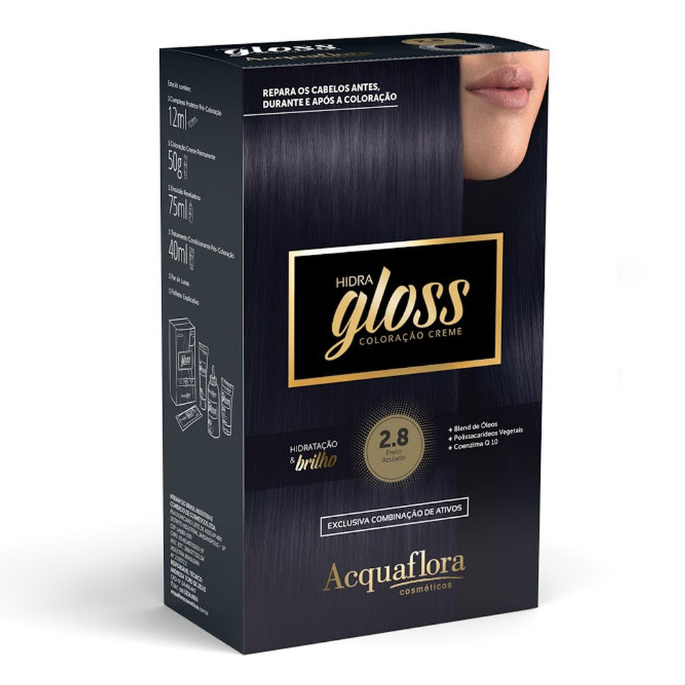 Coloração Permanente Acquaflora Kit Hidra Gloss Preto Azulado 2.8