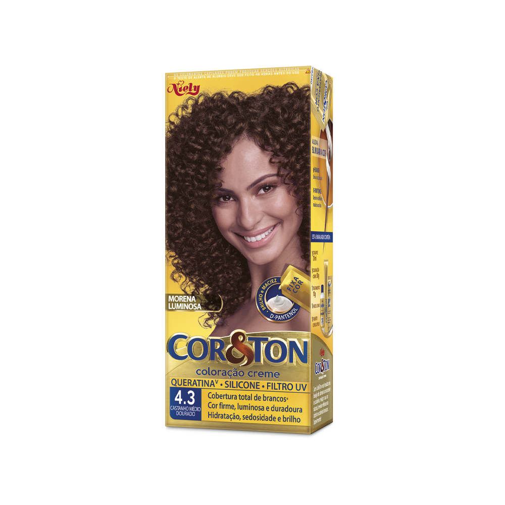 Coloração Permanente Niely Cor&Ton Kit Castanho Médio Dourado 4.3