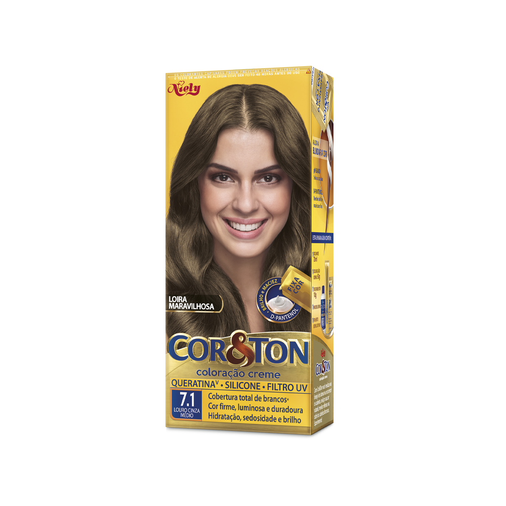 Coloração Permanente Niely Cor&Ton Kit Louro Cinza Médio 7.1
