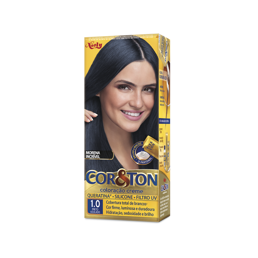 Coloração Permanente Niely Cor&Ton Kit Preto Azulado 1.0