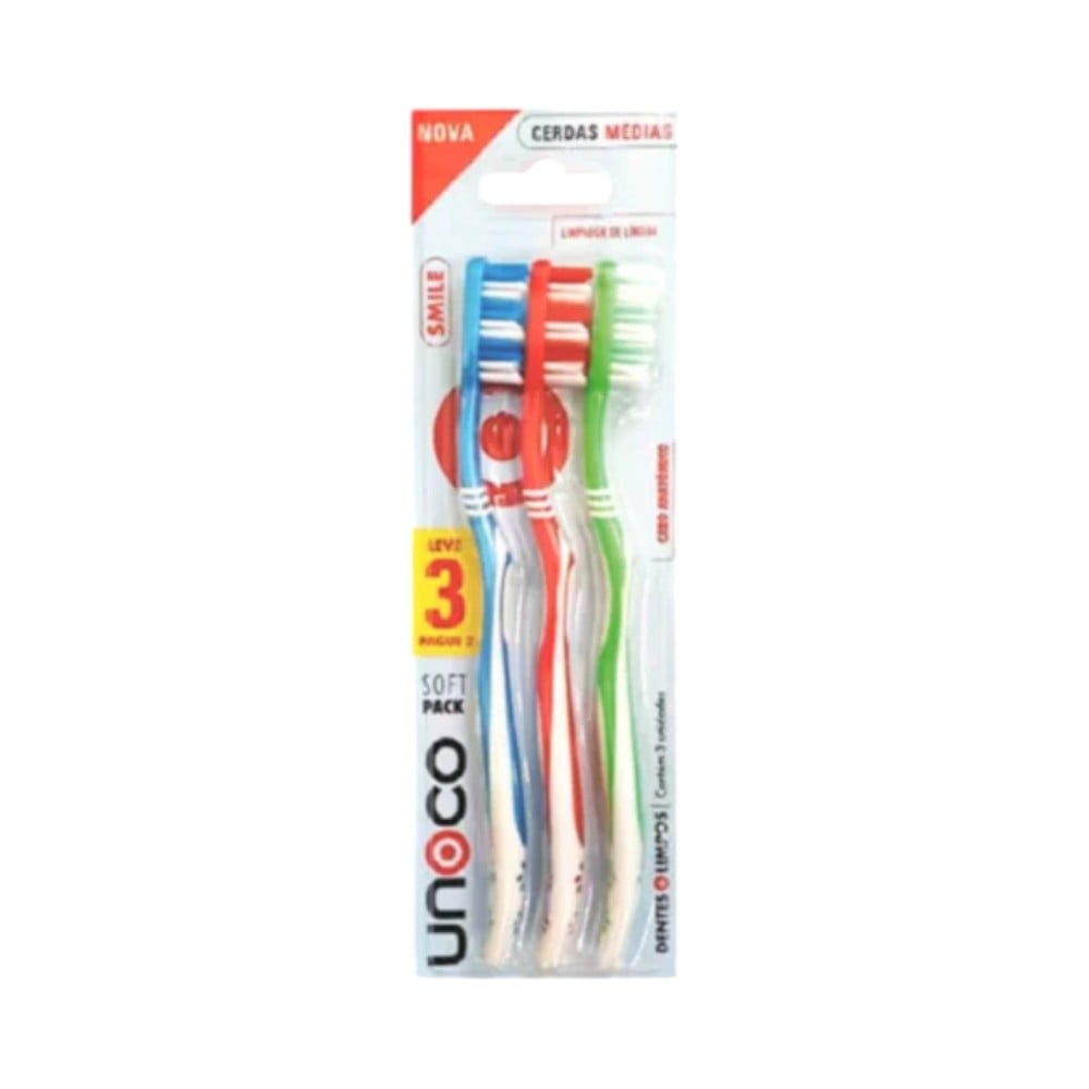 Escova Dental Unoco Smile Cerdas Médias 3 Unidades