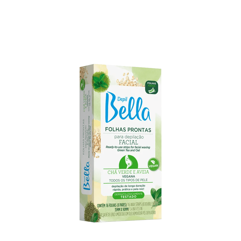 Folhas Prontas Depil Bella Facial Chá Verde e Aveia 16 Unidades