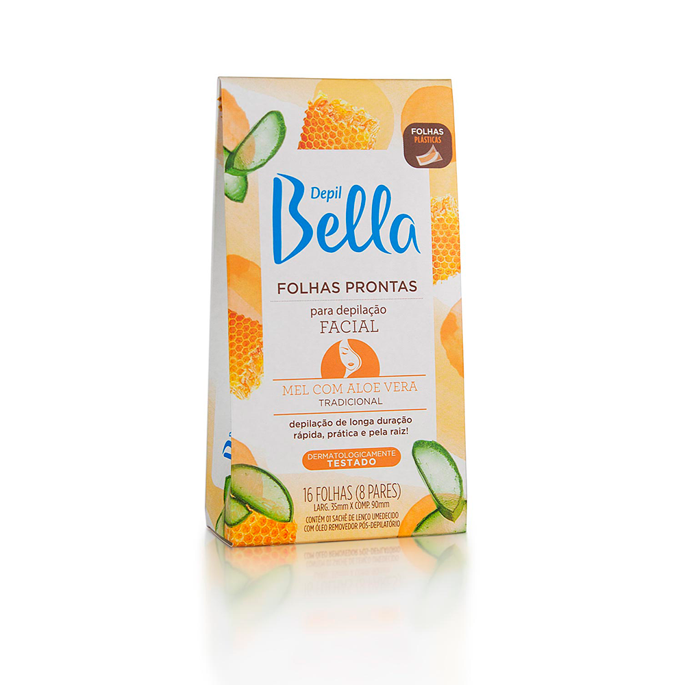 Folhas Prontas Depil Bella Facial Mel e Aloe Vera 16 Unidades
