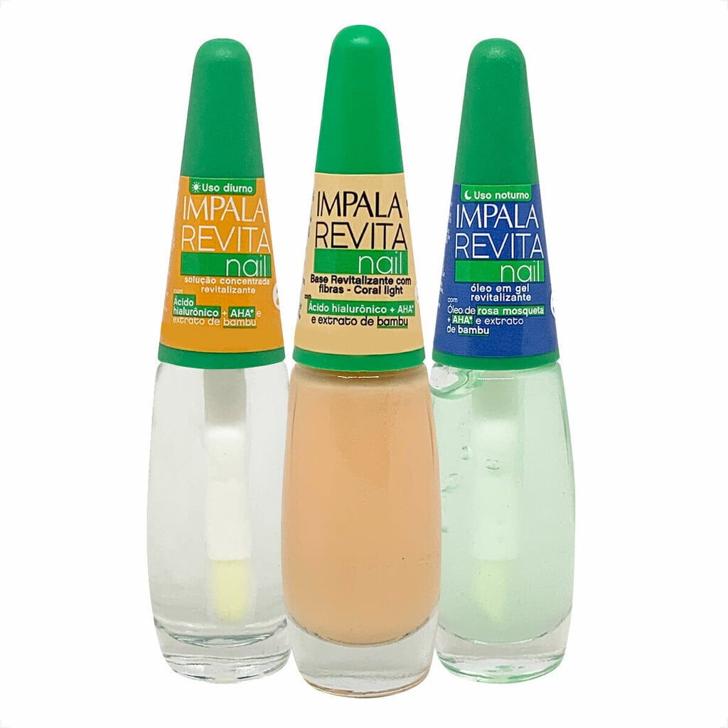 Kit Impala Revitanail Base Coral Light + Solução Concentrada + Óleo em Gel Revitalizante