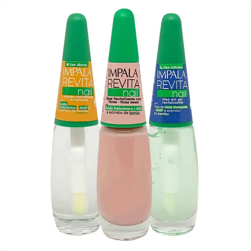 Kit Impala Revitanail Base Rosa Sweet + Solução Concentrada + Óleo em Gel Revitalizante