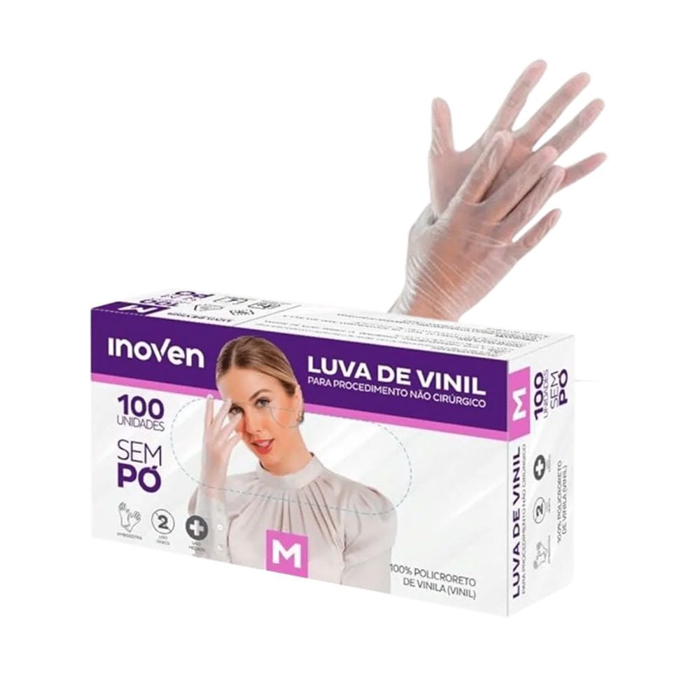 Luva Descartável de Vinil Inoven sem Pó Tamanho M com 100 Unidades