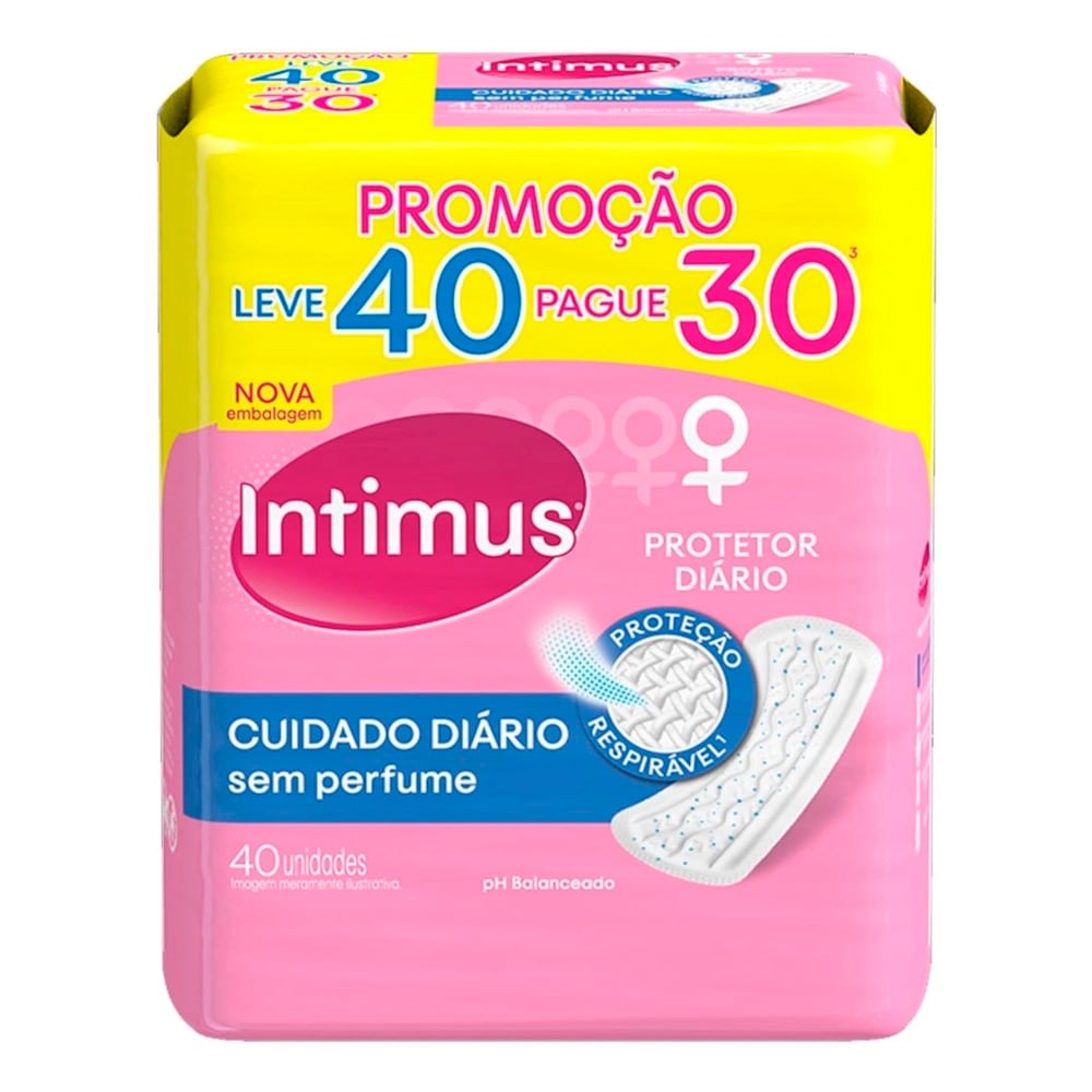 Protetor Diário Intimus Cuidado Diário Sem Perfume Leve 40 Pague 30 Unidades